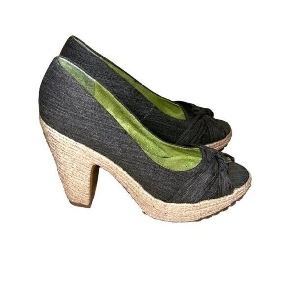 Blowfish Vanamo Gray Denim Open Toed Block Cork Heeled Sandals Size 8.5 - Picture 1 of 10